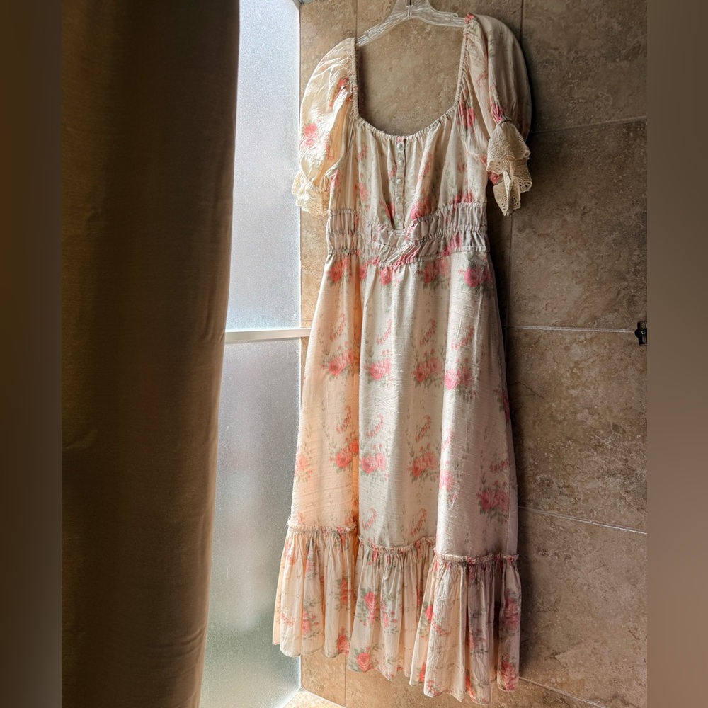 LoveShackFancy Terrence Dress 100% Silk - Pockets Ruffle Hem Puff Sleeve Eyelet - Picture 5 of 17